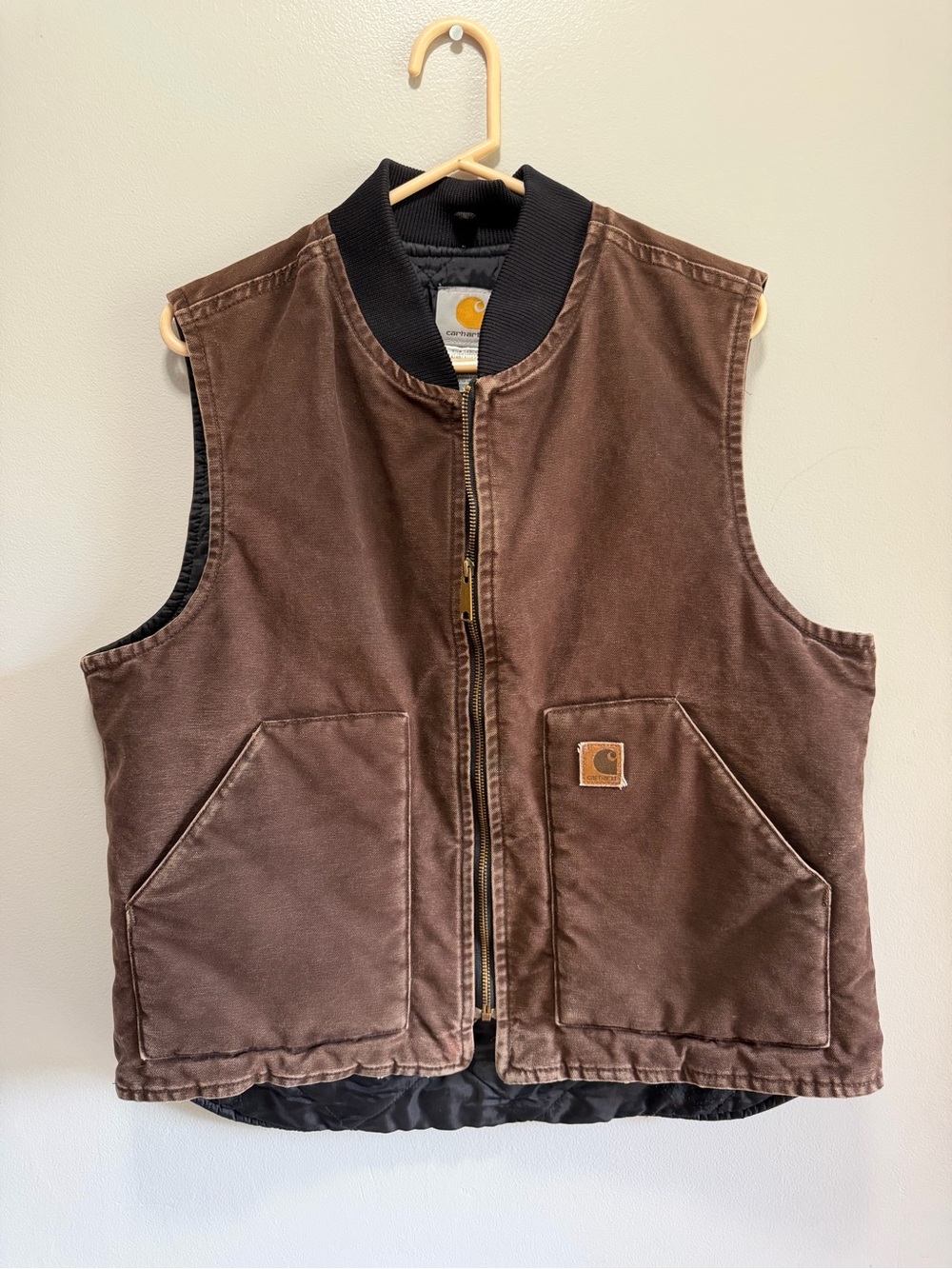 Vintage Carhartt Large Vest-Dark Brown-V02 Men’s-Quilted inside-Pockets-Zip